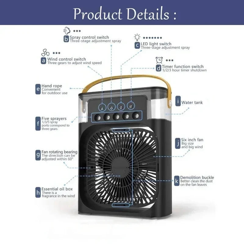 3-in-1 Mini Air Cooler & Humidifier – LED Night Light, Quiet Fan for Home & Office