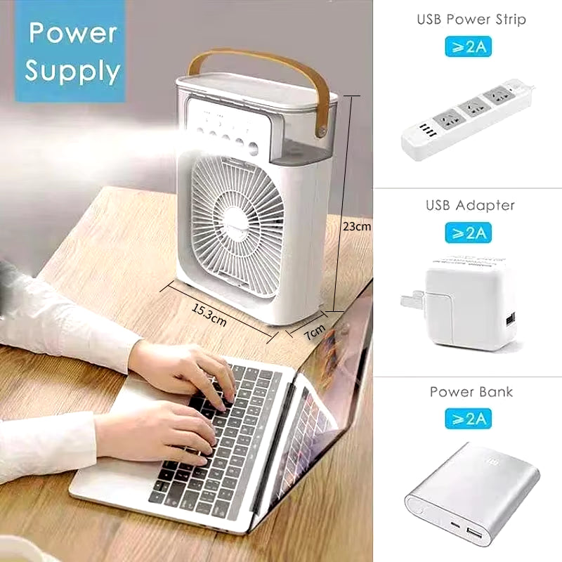 3-in-1 Mini Air Cooler & Humidifier – LED Night Light, Quiet Fan for Home & Office