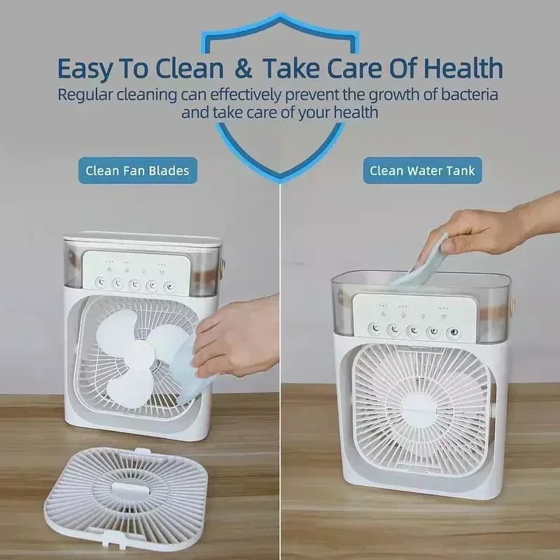 3-in-1 Mini Air Cooler & Humidifier – LED Night Light, Quiet Fan for Home & Office