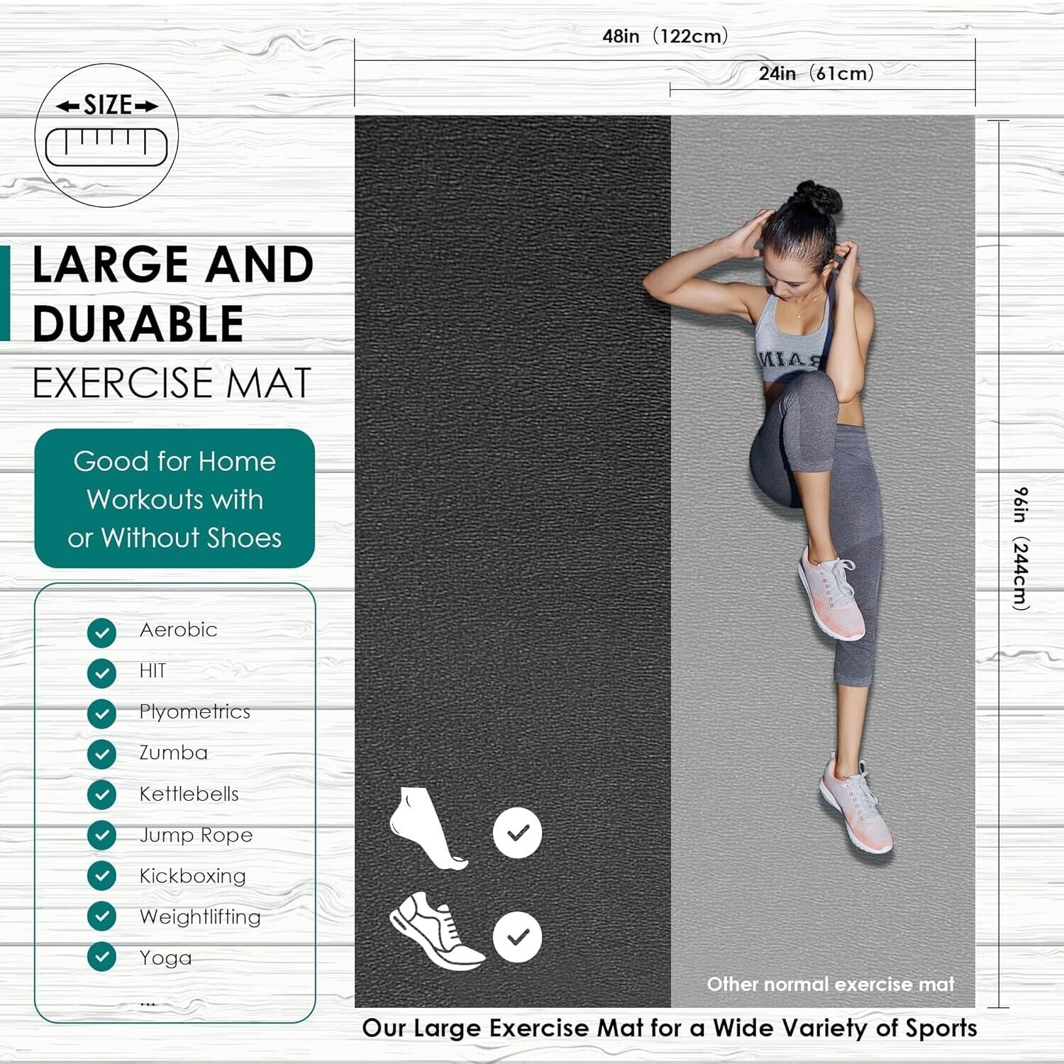 Extra Durable Large Exercise Mat - 8' x 4' x 1/4" Perfect for Home Gym Workouts