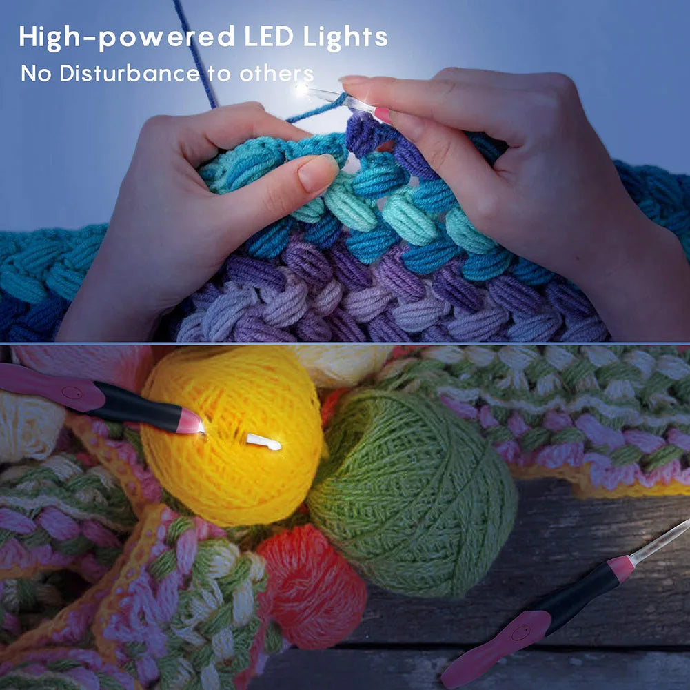11-in-1 LED Light Up Crochet Hook Set – USB Rechargeable with Adjustable Brightness